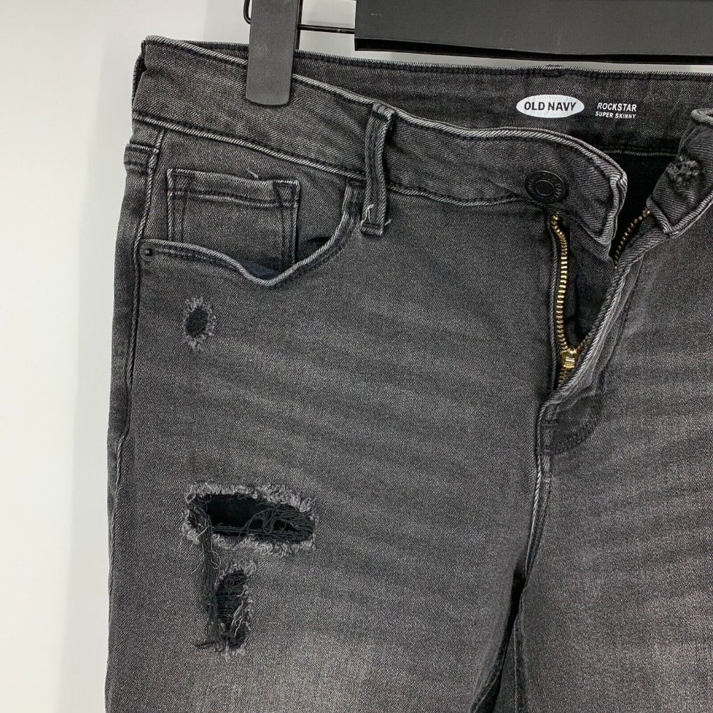 Old Navy Rockstar Jeans Distresssed Super Skinny Gray Black Mid Rise - Picture 3 of 10